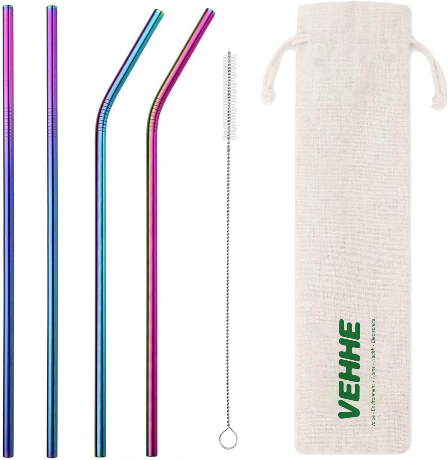 VEHHE Metal Straws Stainless Steel Straws Drinking Straws Reusable - 10.5" Ultra Long 4 + 1 - W/Cleaning Brush for 20/30 Oz for Yeti RTIC SIC Ozark Trail Tumblers (2 Straight|2 Bent|1 Brush)