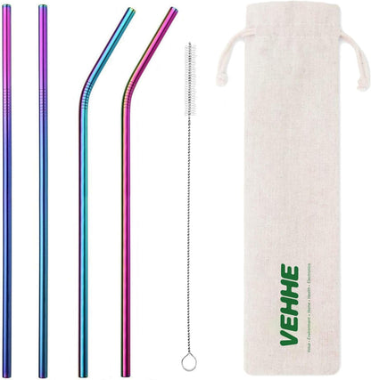 VEHHE Metal Straws Stainless Steel Straws Drinking Straws Reusable - 10.5" Ultra Long 4 + 1 - W/Cleaning Brush for 20/30 Oz for Yeti RTIC SIC Ozark Trail Tumblers (2 Straight|2 Bent|1 Brush)