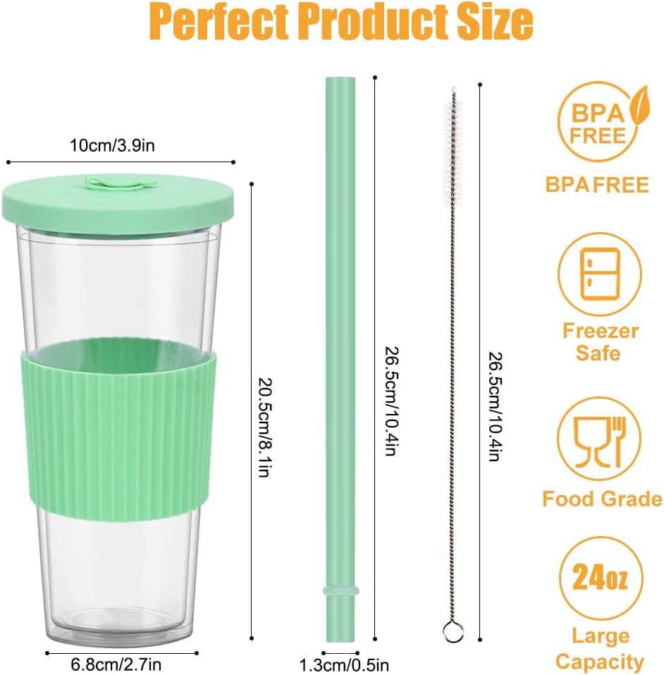 2 Pack Reusable Boba Tea Cups, 24oz Iced Coffee Cup with Straw and Lid, Leakproof Clear Plastic Cups Tumbler, Double Wall Insulated Smoothie Tumbler, Wide Straw for Bubble Tea, Black and White