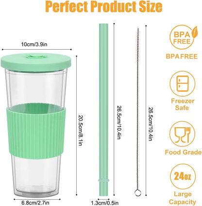 2 Pack Reusable Boba Tea Cups, 24oz Iced Coffee Cup with Straw and Lid, Leakproof Clear Plastic Cups Tumbler, Double Wall Insulated Smoothie Tumbler, Wide Straw for Bubble Tea, Black and White
