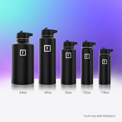 IRON °FLASK Camping & Hiking Hydration Flask with Straw, Wide Mouth Insulated Stainless Steel Sports Water Bottle - 40 oz Midnight Black