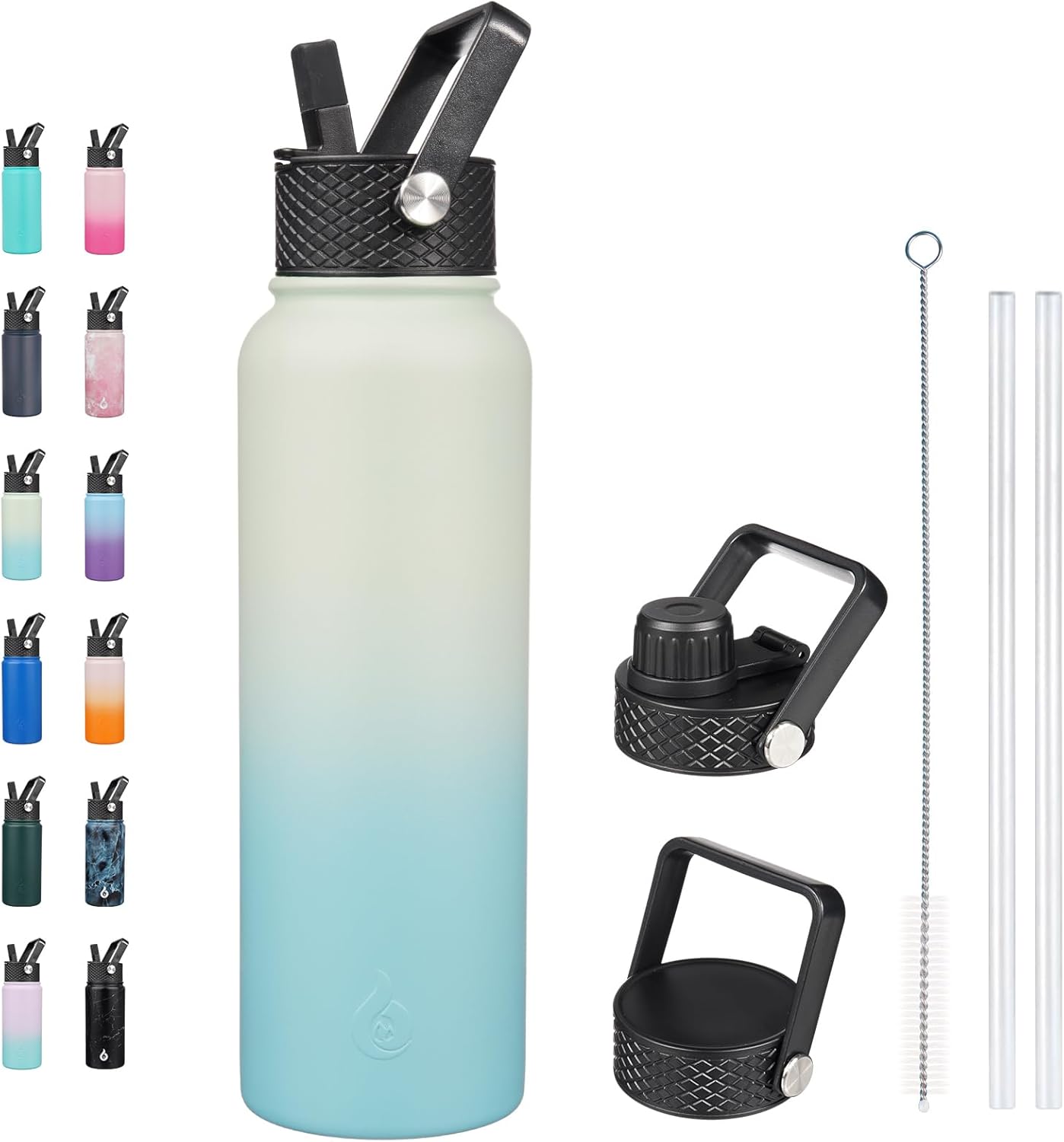 BJPKPK Insulated Water Bottles with Straw Lid, 40oz Stainless Steel Water Bottles with 3 Lids, BPA Free Leakproof Thermo, Tumblers, Cups for Sports, Gym- Midnight - Colors A