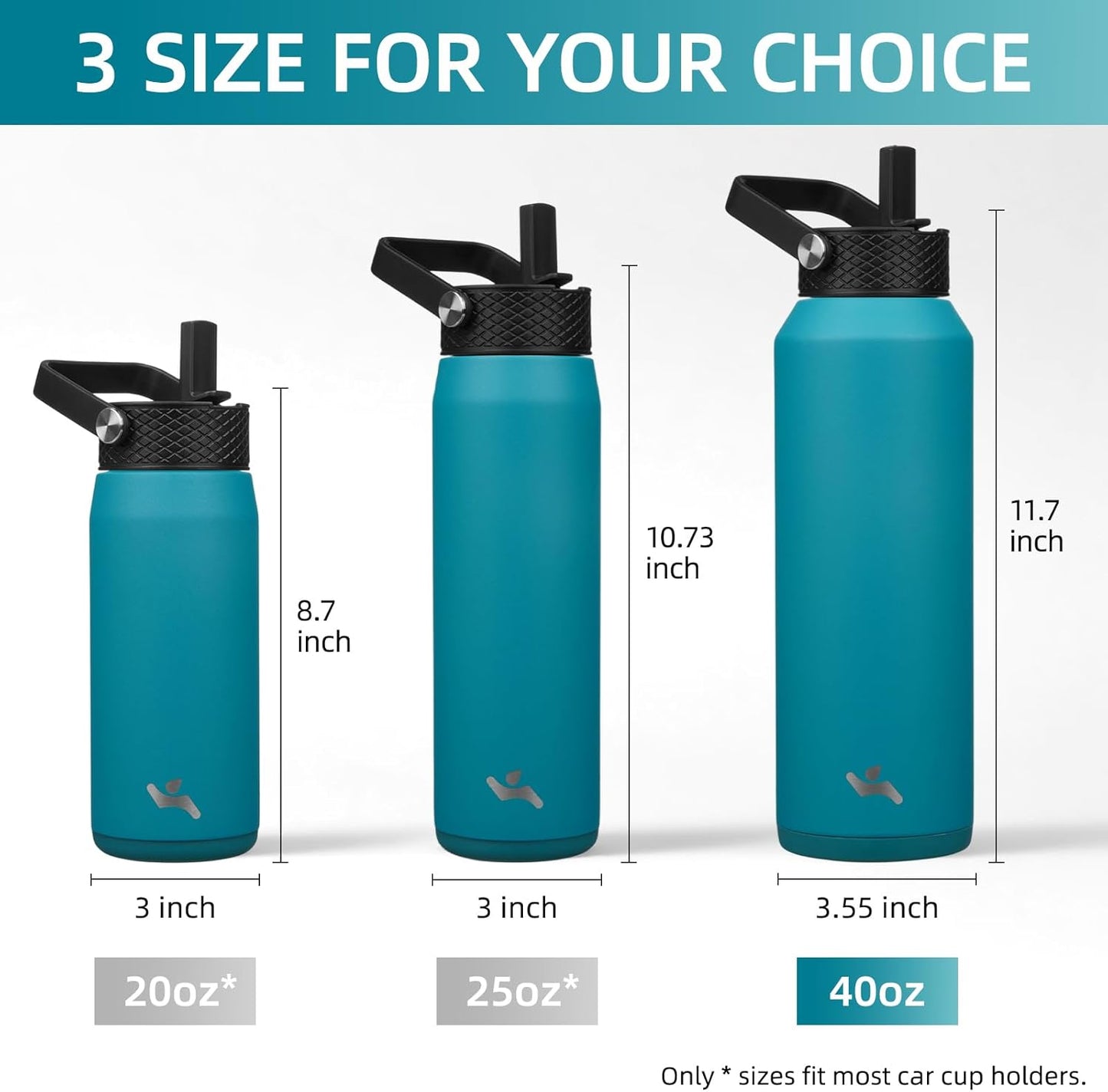Konokyo 22oz Stainless Steel Bottles with 3 Lids Sport Insulated Water Bottle,Mint