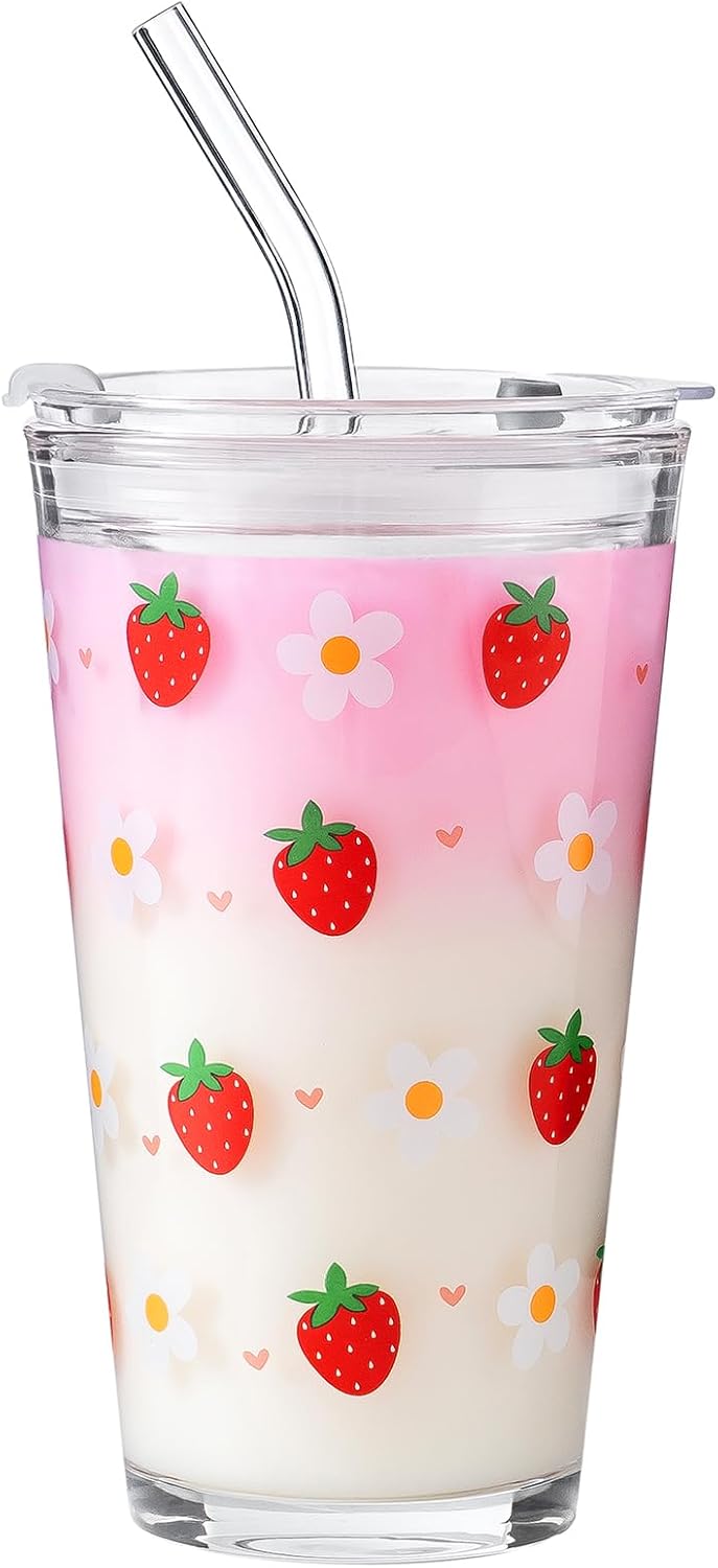 Olvini 15oz Glass Tumbler with Straw and Lid, Cute Iced Coffee Cups, Aesthetic Glass Cups, Coffee Tumbler, Water Cup, Matcha Cup, Drinking Glasses (Clear)