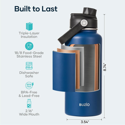 BUZIO 40oz Insulated Water Bottle, Triple Wall Vacuum Stainless Steel Water Flask with 2 lids, Lead-Free BPA-Free Straw Lid Sports Canteen Jug, Cold 48H & Hot 24H- Black - Colors B