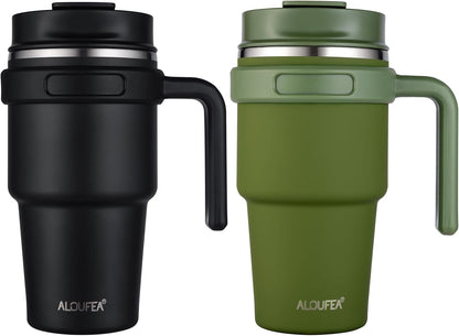 20 oz Insulated Coffee Mug Tumbler with Handle, Stainless Steel Travel Mug Tumbler with Lid and Straw,Double Wall Vacuum Leak Proof Ice Coffee Thermal Cup, Black