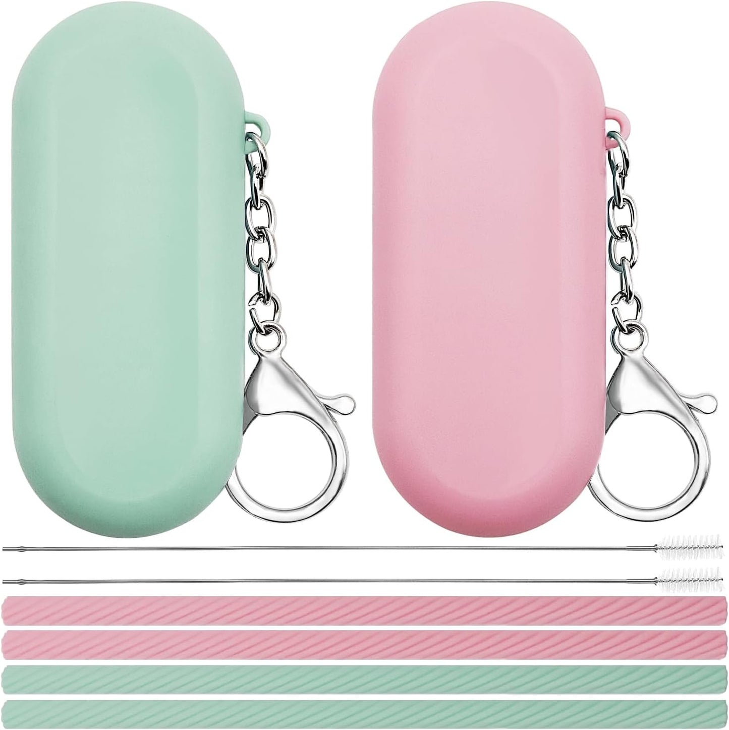 2 Set Silicone Straws with Case, Reusable Travel Straw Cruise Ship Essentials, Foldable Portable Straw + Deep Cleaning Brush + Carry Case with Keychain, for Travel & Party Cold or Hot (Pink & Blue)