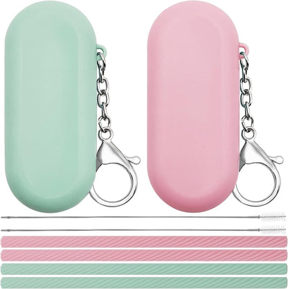 2 Set Silicone Straws with Case, Reusable Travel Straw Cruise Ship Essentials, Foldable Portable Straw + Deep Cleaning Brush + Carry Case with Keychain, for Travel & Party Cold or Hot (Pink & Blue)