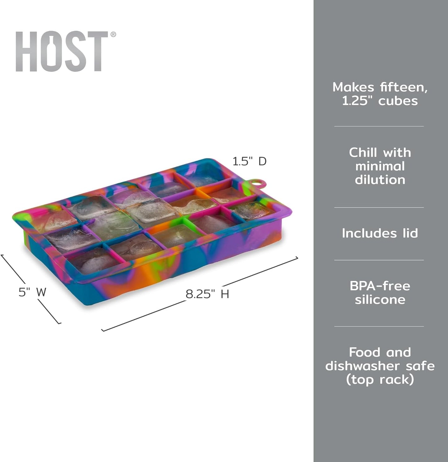 Host Ice Cube Tray, Makes Four 5-Inch Long Cubes, Durable Silicone Trays with Easy Release Design, Perfect for Water Bottles and Highball Glasses, Home Bar Accessories, Set of 1, Marble