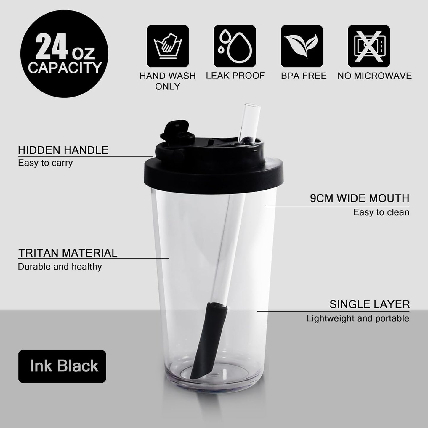 sweet grain Reusable Boba Cup - 24oz Tritan Boba tumbler with Lid and Straw, BPA Free Leakproof Bubble/Boba Tea Cup with Carry Handle for Ice Coffee Smoothies - Black