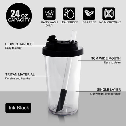 sweet grain Reusable Boba Cup - 24oz Tritan Boba tumbler with Lid and Straw, BPA Free Leakproof Bubble/Boba Tea Cup with Carry Handle for Ice Coffee Smoothies - Black