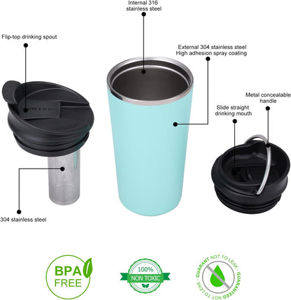 GiNT 17oz Travel Tea Mug with Infuser, 2 Lids. Vacuum Insulated 316 Stainless Steel Coffee Mug. Dishwasher Safe Tea Cup with Strainer for Hot & Cold Brew Coffee. Mothers Day Gifts for Mom (White)