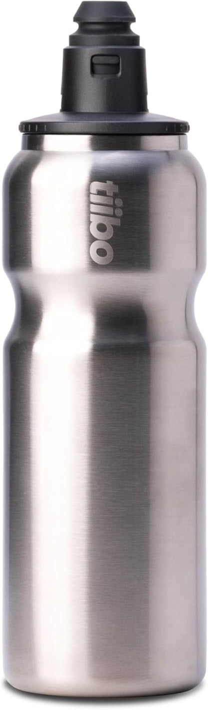 tiibo Vacuum Insulated Stainless Steel Bike Water Bottle, Double Wall, No-Squeeze, Fast Flow Sport Nozzle, Designed for Cycling, Biking, Fitness & Sports, Fits Most Bike Cages (Brushed, 23OZ)