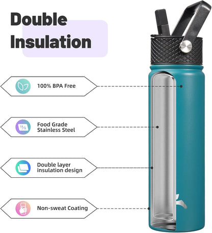 Konokyo 22oz Stainless Steel Bottles with 3 Lids Sport Insulated Water Bottle,Mint