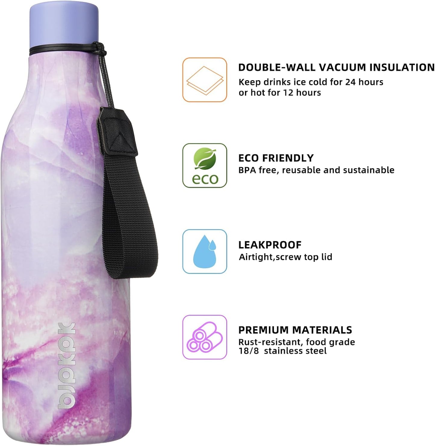 BJPKPK Insulated Water Bottles, 18 oz Stainless Steel Metal Water Bottle with Strap, BPA Free Leak Proof Jugs, Mugs, Flasks, Reusable Thermal Flasks for Sports & Travel, Black - Colors B