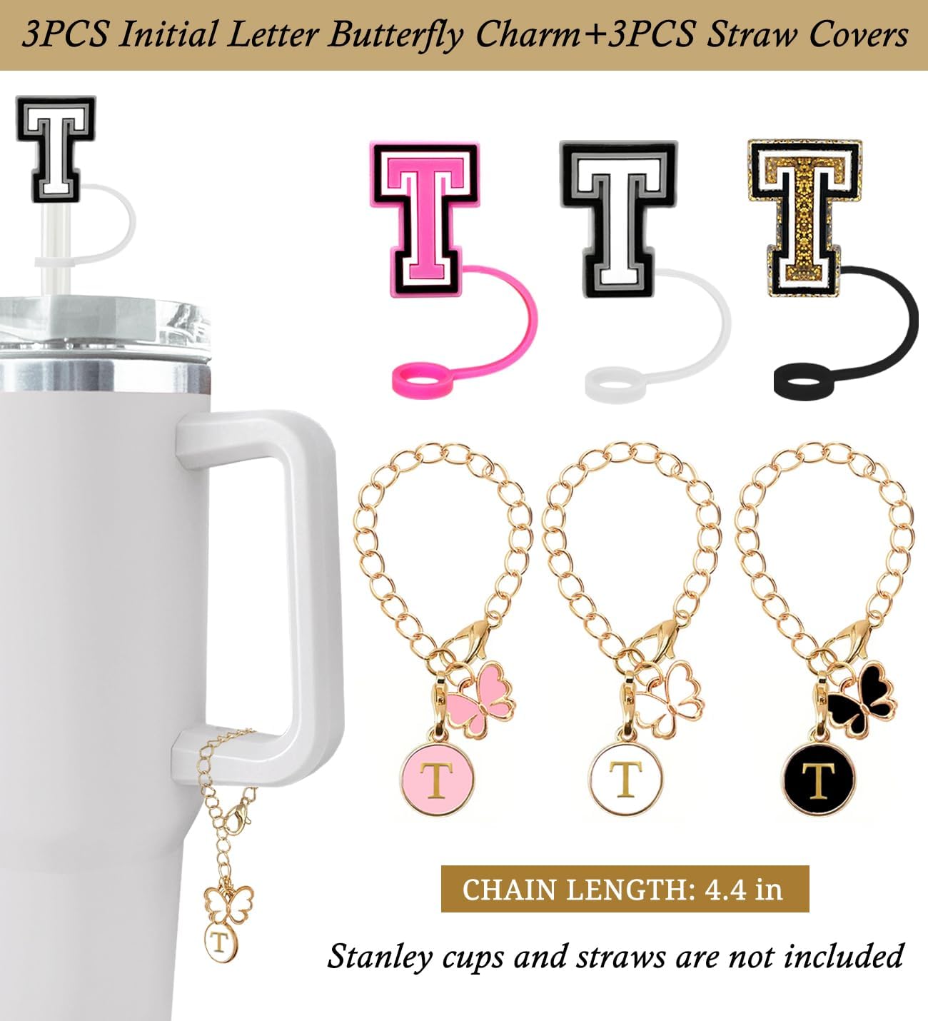 （3 +3) 3PCS Nuozme Straw Cover 10mm For Stanley Tumbler Cup Reusable Straw Cap Topper with 3 Initial Letter Charms Accessories Name ID Personalized Handle Charm For Stanley 30&40 Oz Cup Tumbler - Colors B