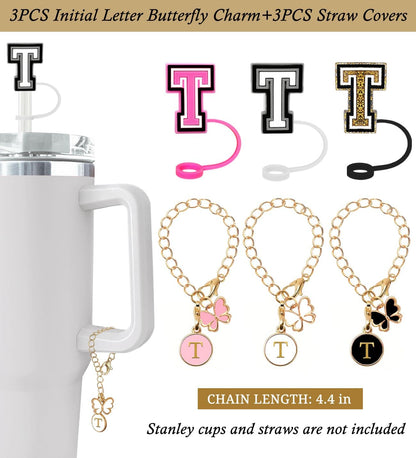 （3 +3) 3PCS Nuozme Straw Cover 10mm For Stanley Tumbler Cup Reusable Straw Cap Topper with 3 Initial Letter Charms Accessories Name ID Personalized Handle Charm For Stanley 30&40 Oz Cup Tumbler - Colors B