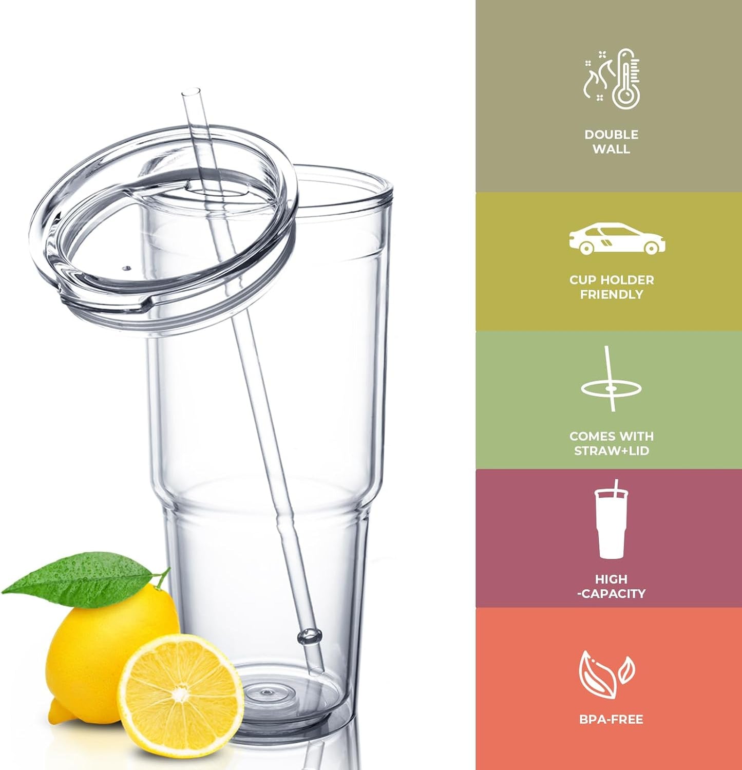 MEWAY 30oz/2 pcs Classic Insulated Tumblers,Double Wall Acrylic Tumbler with Lid，Reusable Plastic Insulated Tumblers with Straw，for cold drinks, sand ice, whatever you like(transparent,2 pack)
