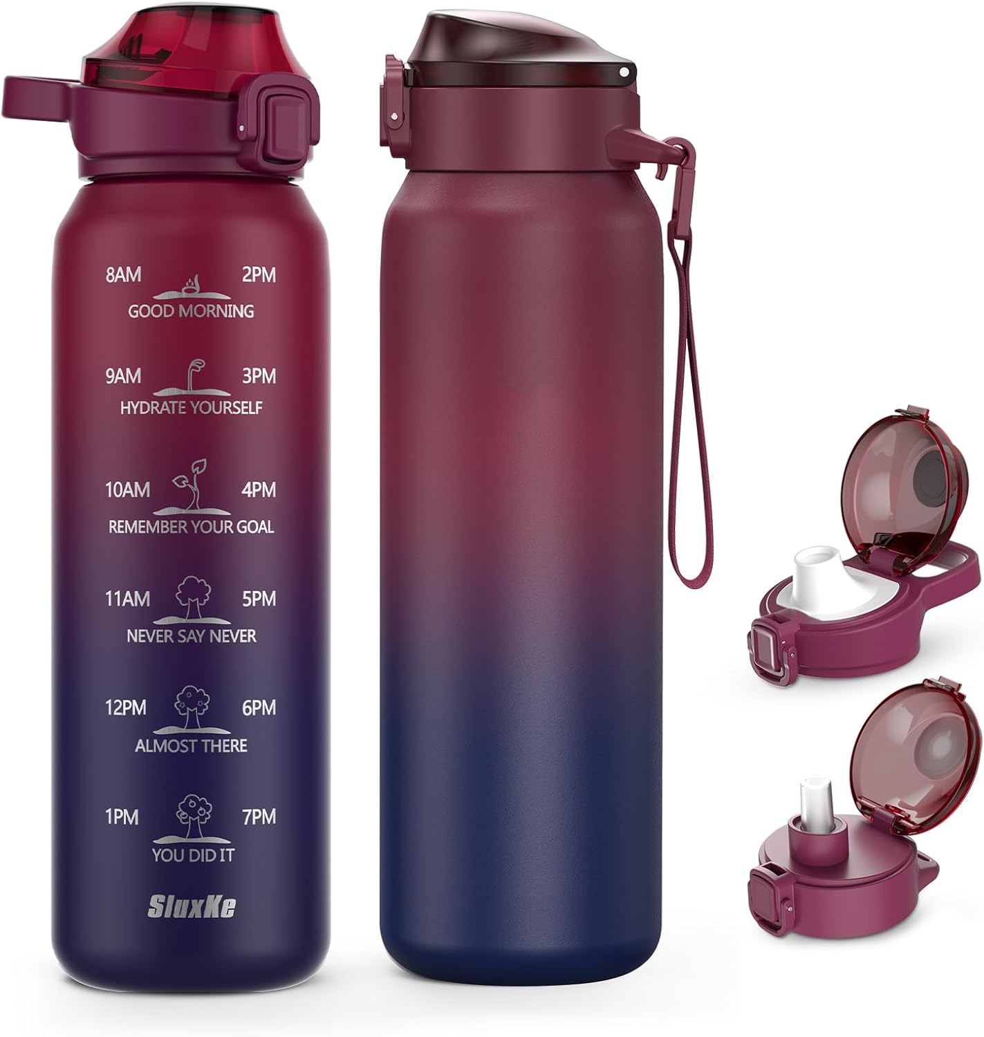 SLUXKE 24oz Insulated Water Bottle 18/10 Stainless Steel with 2Lids(Straw Lid& Spout Lids), 700ml Double Wall Vacuum Water Bottle with Handle Keep Cold and Hot for Men, Women & Kids PURPLE PINK