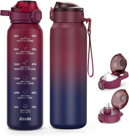 SLUXKE 24oz Insulated Water Bottle 18/10 Stainless Steel with 2Lids(Straw Lid& Spout Lids), 700ml Double Wall Vacuum Water Bottle with Handle Keep Cold and Hot for Men, Women & Kids PURPLE PINK