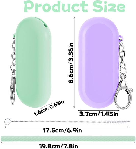 2 Set travel straws reusable with case, Portable Straw for Hot & Cold Drinks, Foldable Silicone Straws with Cleaning Brush & Keychain (Green, Purple)