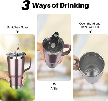 20 oz Tumbler with Handle, Stainless Steel Insulated Tumbler with Lid and Straw, Double Wall Vacuum Coffee Mug Tumbler, Insulated Coffee Thermal Cup for Cold and Hot (Light Purple)