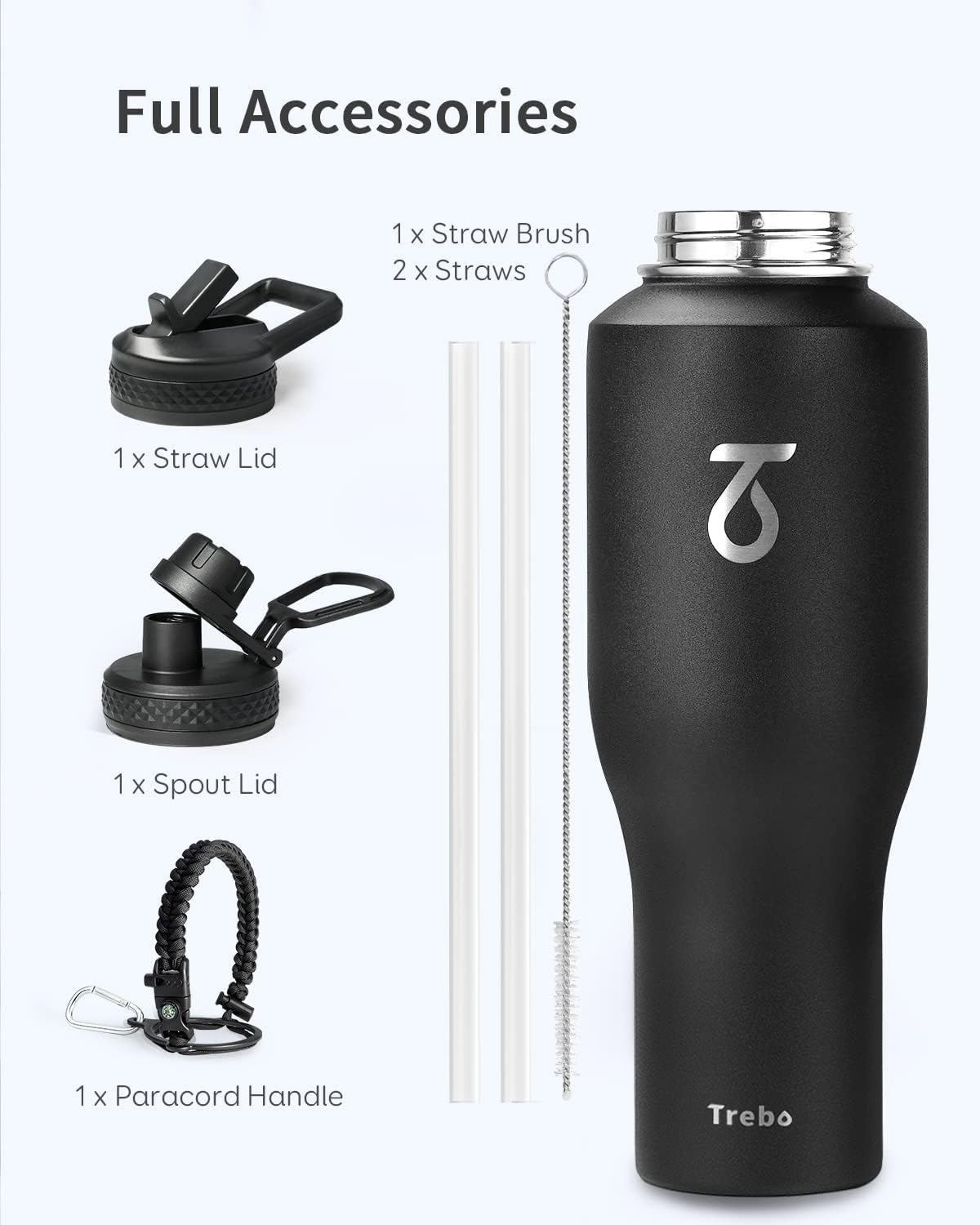 Trebo 40 oz Water Bottle Insulated Fit Car Cup Holder with Handle, Stainless Steel Water Bottles Tumbler with Spout Straw Lids, Double Wall Travel Reusable Flask, Leakproof Mug,Keep Cold &Hot,Black
