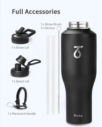 Trebo 40 oz Water Bottle Insulated Fit Car Cup Holder with Handle, Stainless Steel Water Bottles Tumbler with Spout Straw Lids, Double Wall Travel Reusable Flask, Leakproof Mug,Keep Cold &Hot,Black