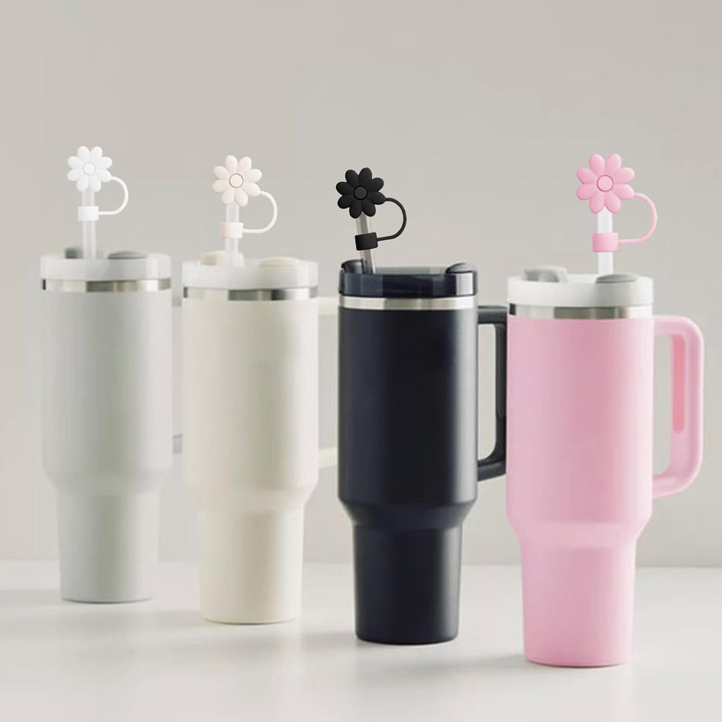 Flower Straw Covers Toppers for Stanley Cups 30&40 Oz Tumbler with Handle Accessories 4PCS Silicone Straw Caps Reusable Straws Tips Protectors for Stanley Cup 10mm 0.4in Straws,Off White