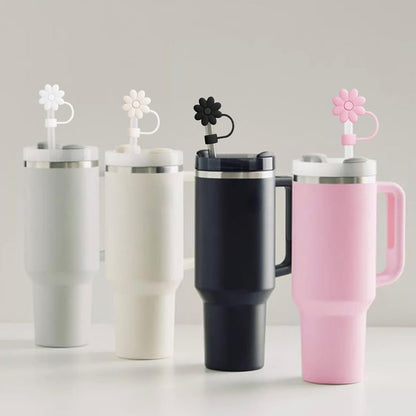 Flower Straw Covers Toppers for Stanley Cups 30&40 Oz Tumbler with Handle Accessories 4PCS Silicone Straw Caps Reusable Straws Tips Protectors for Stanley Cup 10mm 0.4in Straws,Off White