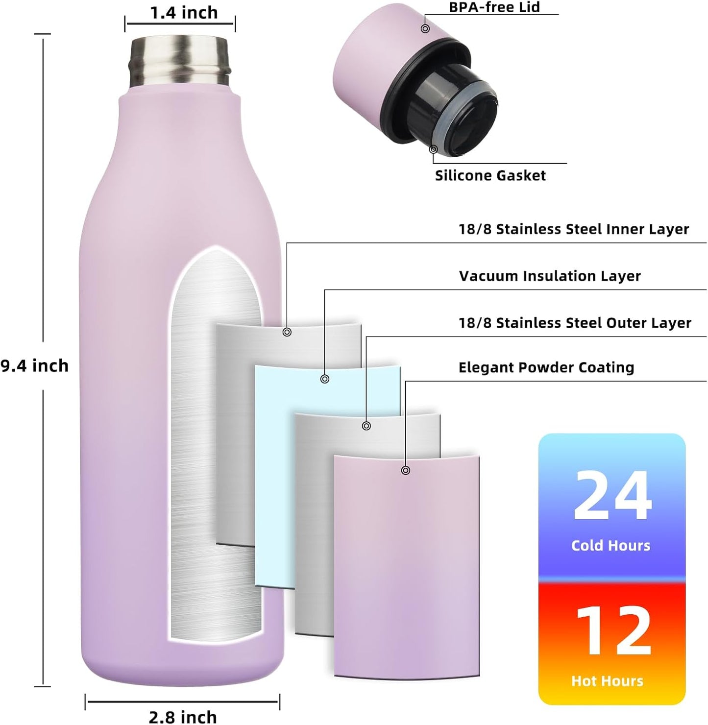 BJPKPK Insulated Water Bottles, 18 oz Stainless Steel Metal Water Bottle with Strap, BPA Free Leak Proof Jugs, Mugs, Flasks, Reusable Thermal Flasks for Sports & Travel, Black - Colors A
