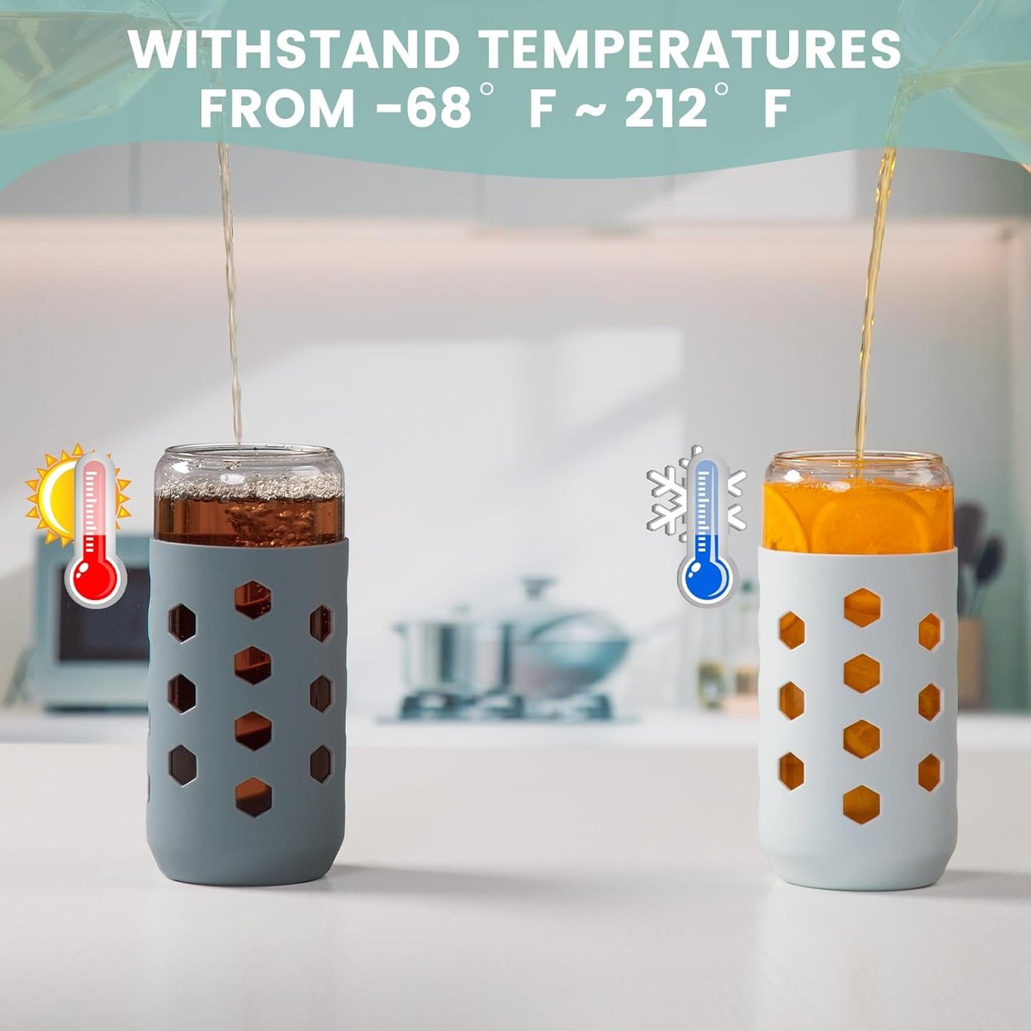 Mrsdry Glass Cups with Lids and Straws (4 Pcs), 16oz Drinking Glasses Set with Silicone Sleeves for Coffee Bar Accessories Iced Coffee Cups with Lids, Glass Tumbler Reusable for Gifts