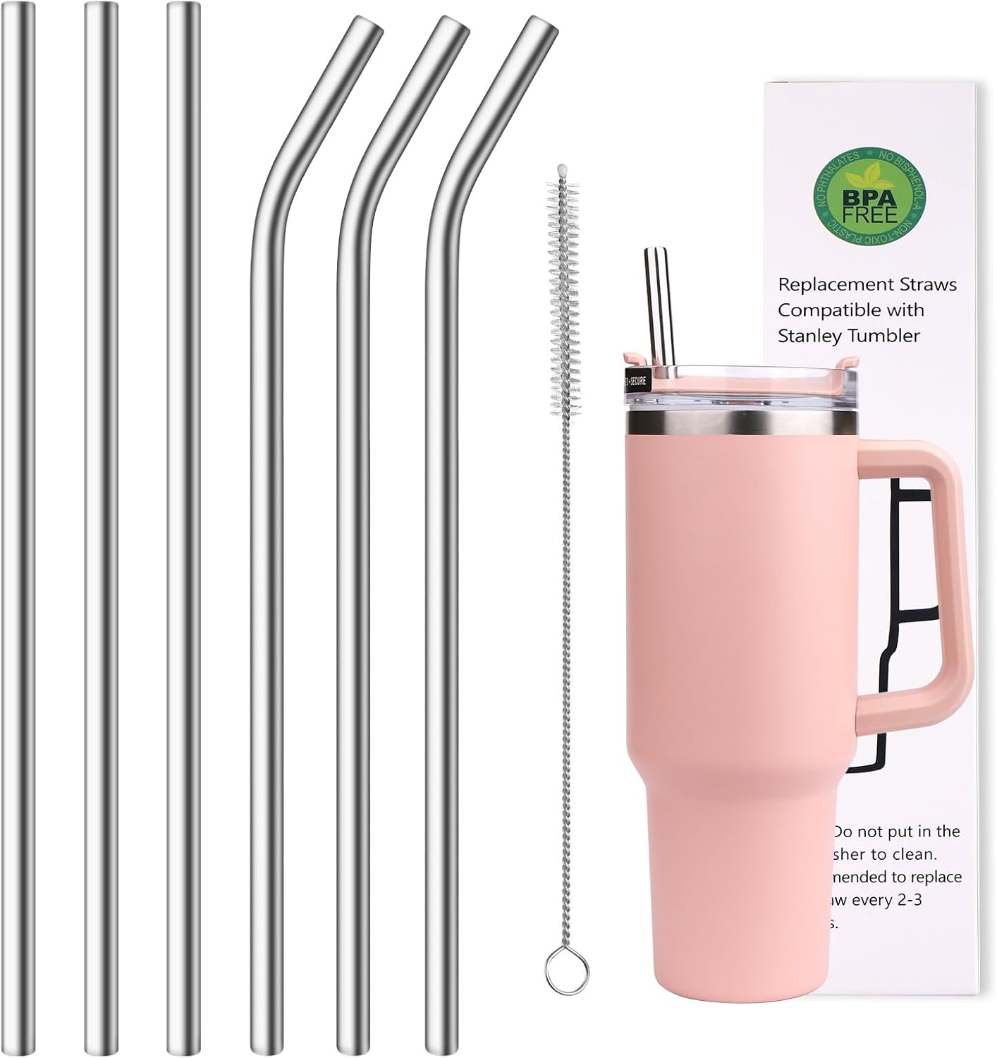 AIERSA 6 Pack Silicone Replacement Straws for Stanley 20 30 40oz Cup,Reusable Straws Compatible 40 oz Stanley Tumbler,Long Straw with Cleaning Brush for Stanley Cup Accessories