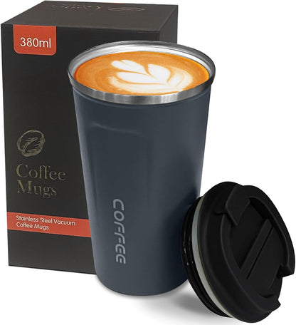 YINBAOGE Insulated Travel Coffee Mug, Spill & Leak Proof, Portable To Go Camping Stainless Steel Coffee Tumbler, Reusable Thermal Coffee Cup with Lid for Hot & Cold Drinks (Black, 12 OZ)
