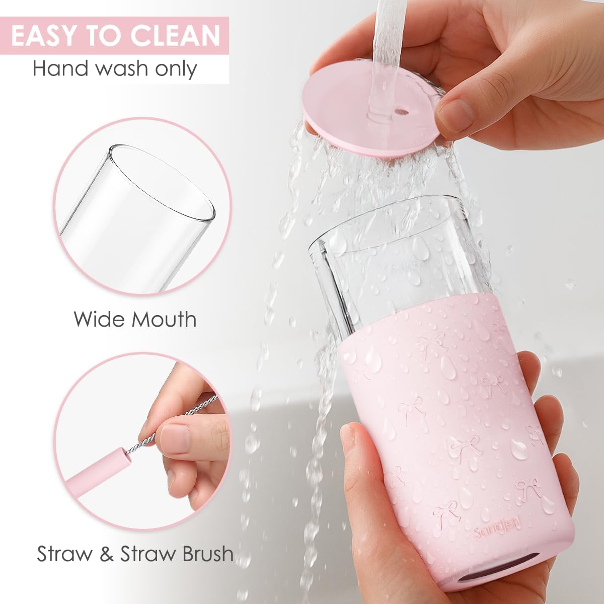 SANDJEST Glass Tumbler with Straw and Lid, Glass Water Bottle with Silicone Sleeve 20oz, Smoothie, Iced Coffee Cup, Gifts for Women Teen Girls Birthday Christmas (Cream)