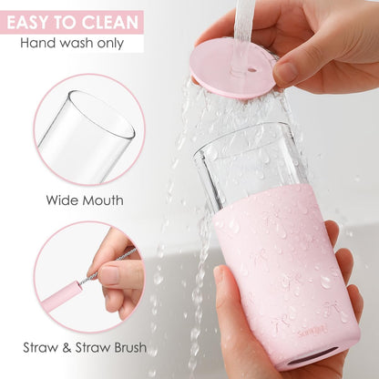 SANDJEST Glass Tumbler with Straw and Lid, Glass Water Bottle with Silicone Sleeve 20oz, Smoothie, Iced Coffee Cup, Gifts for Women Teen Girls Birthday Christmas (Cream)
