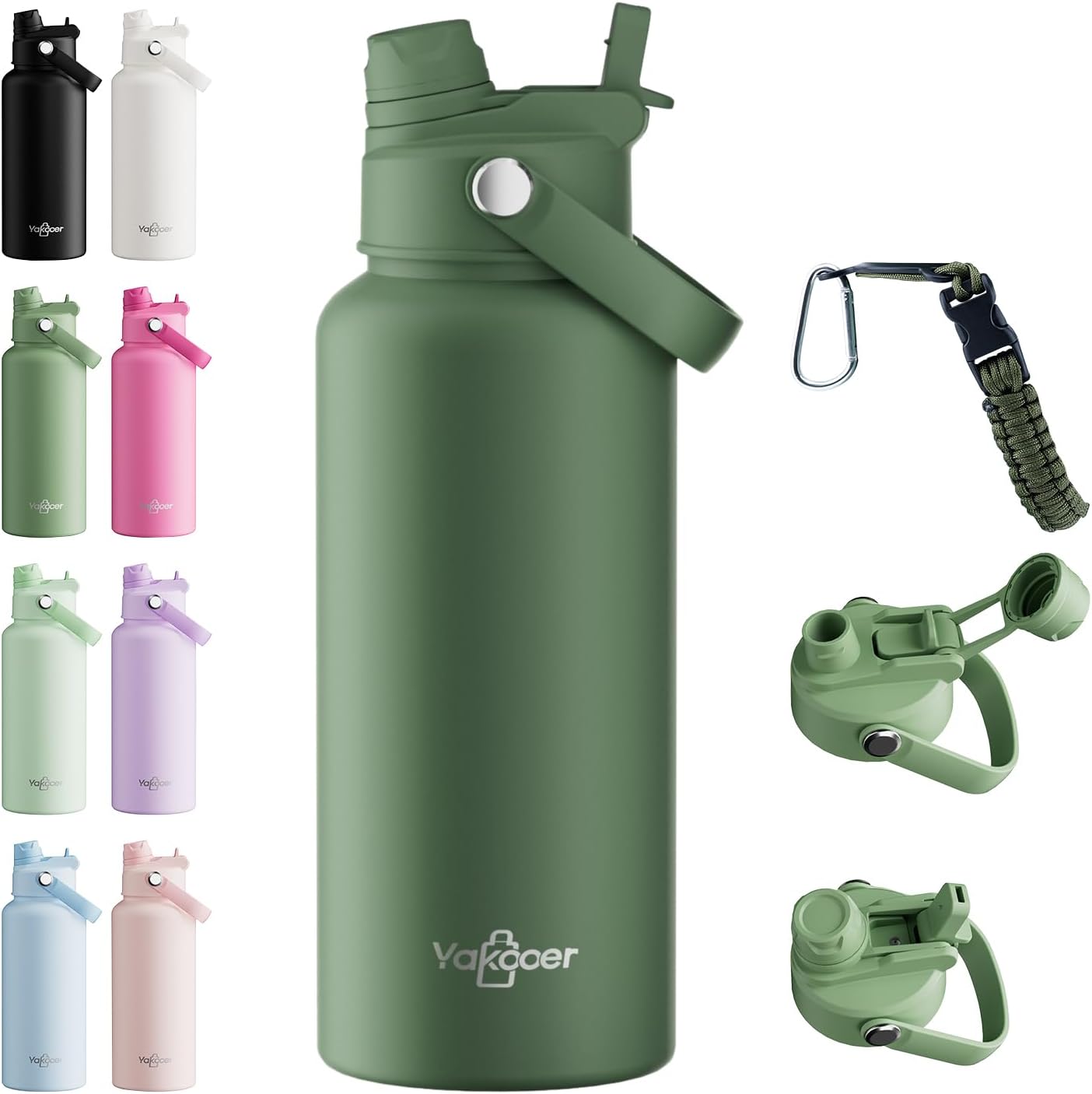 26oz Insulated Water Bottle with 2-in-1 Straw and Spout Lid, 304 Stainless Steel Water Bottle Keep Cold for 24H,Leak-Proof,Sports Water Bottle with Braided Carry Strap for Gym,Travel,Outdoors,Black