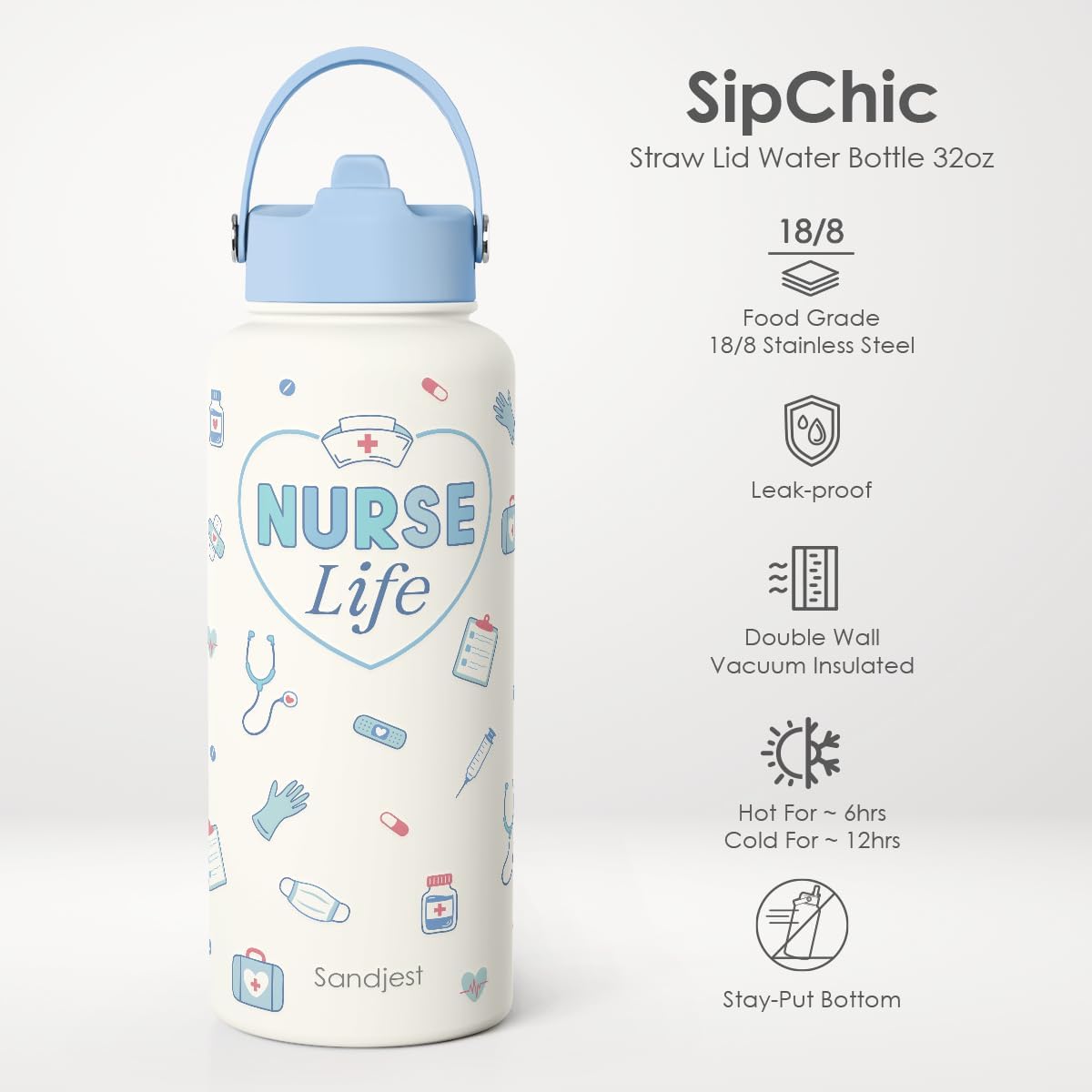SANDJEST Pickleball Gift for Women, Water Bottle Stainless Steel 32oz with Lid & Straw, Sport Insulated Bottles Gifts for Girls Friends Teens Birthday Christmas