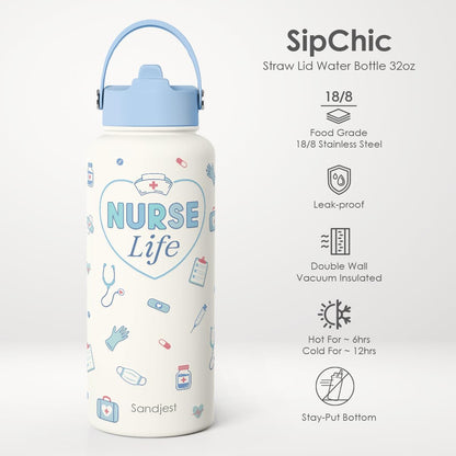 SANDJEST Pickleball Gift for Women, Water Bottle Stainless Steel 32oz with Lid & Straw, Sport Insulated Bottles Gifts for Girls Friends Teens Birthday Christmas
