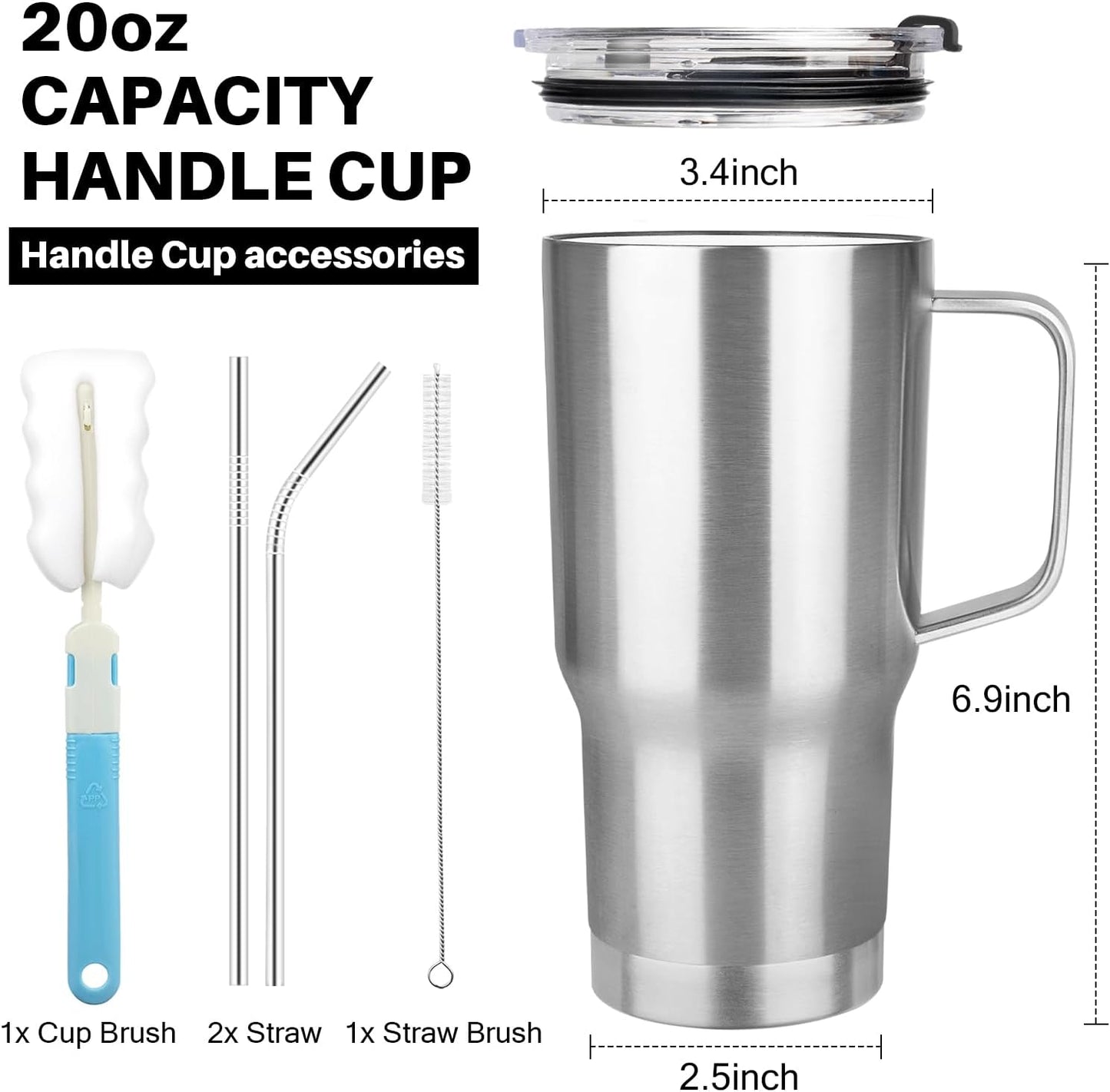 20 oz Tumbler with Handle, Stainless Steel Insulated Tumbler with Lid and Straw, Double Wall Vacuum Coffee Mug Tumbler, Insulated Coffee Thermal Cup for Cold and Hot (Light Purple)