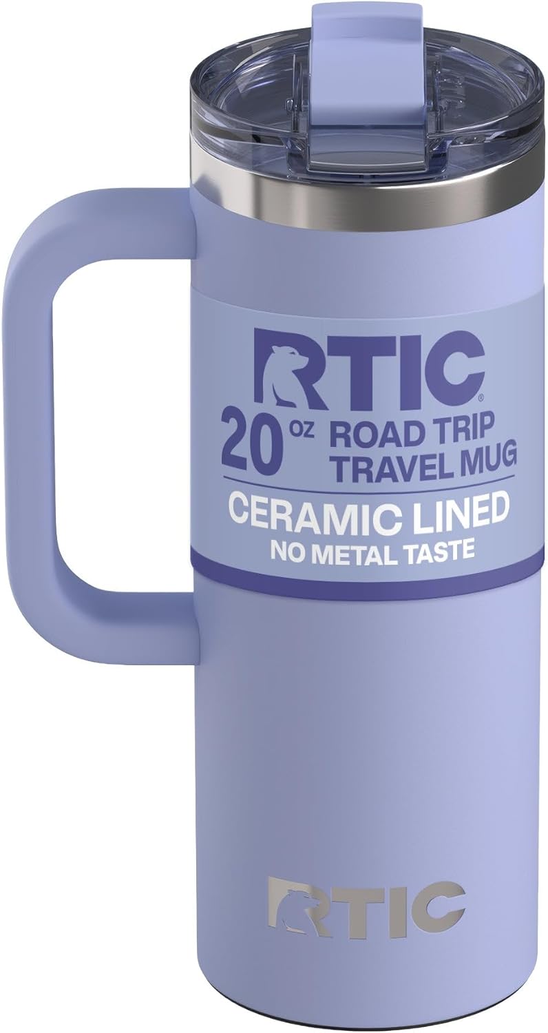 RTIC 20oz Road Trip Travel Mug with Lid and Handle, Ceramic Lined, Insulated, Stainless Steel, Metal, Double Wall Vacuum-Insulation, Portable Coffee, Tea Cup for Hot and Cold Drink, Black