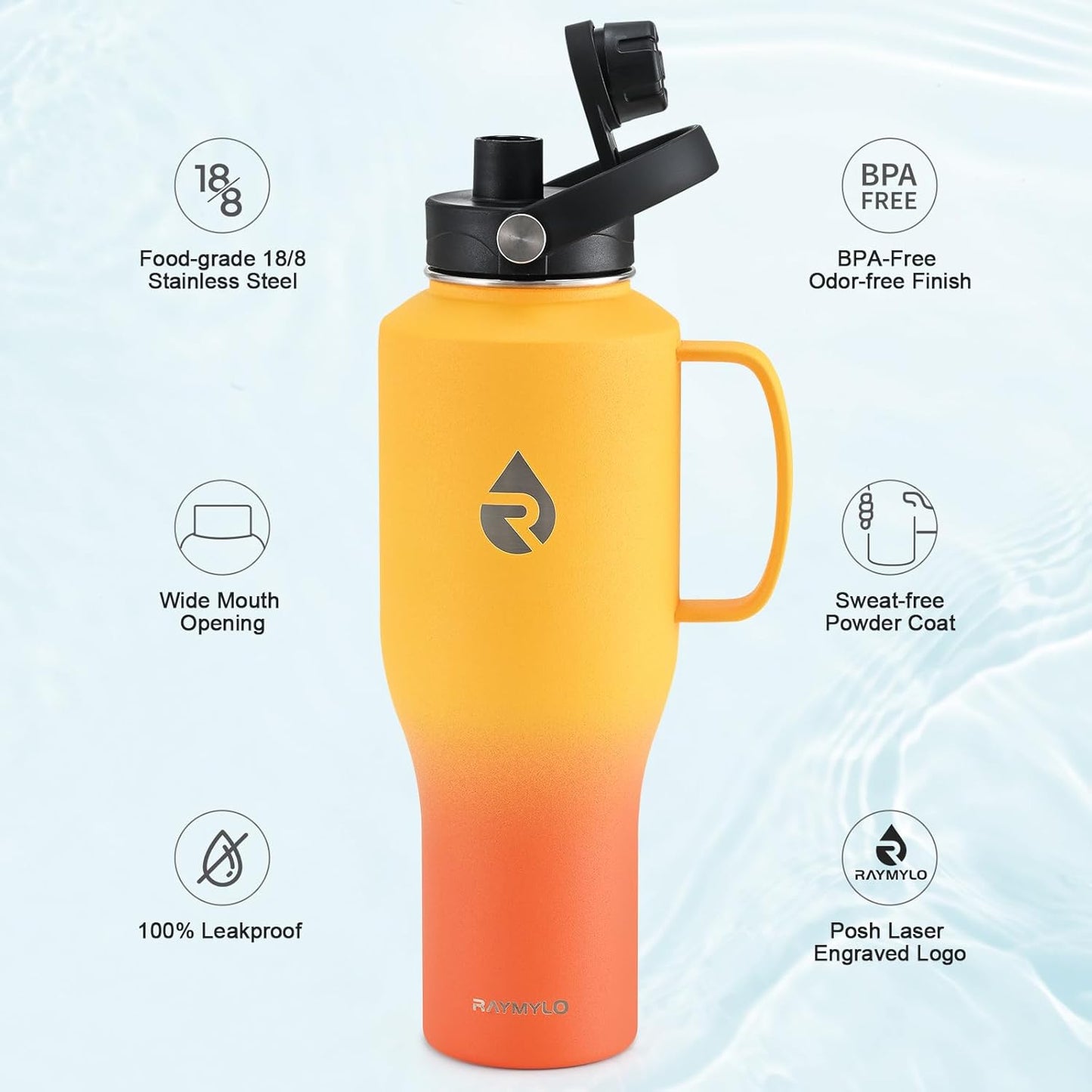 RAYMYLO 40 oz Insulated Water Bottle with Straw fit in Car Cup Holder, Triple Wall Vacuum Stainless Steel(Cold 48 hrs, Hot 24 hrs), Leakproof & Non-BPA, Hydro Travel Flask with Straw and Spout Lid