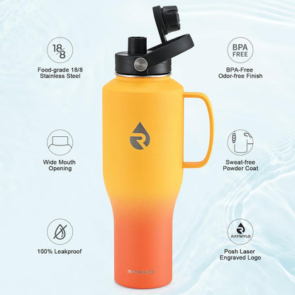 RAYMYLO 40 oz Insulated Water Bottle with Straw fit in Car Cup Holder, Triple Wall Vacuum Stainless Steel(Cold 48 hrs, Hot 24 hrs), Leakproof & Non-BPA, Hydro Travel Flask with Straw and Spout Lid