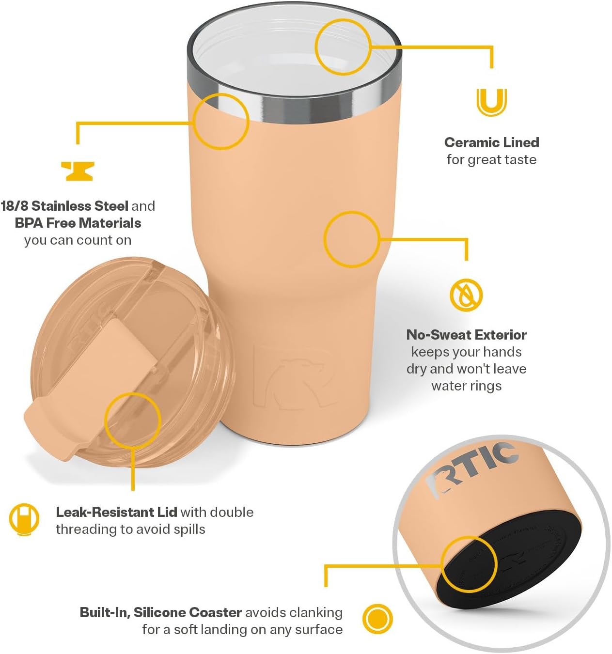 RTIC 20oz Essential Tumbler with Lid, Ceramic Lined, Insulated, Stainless Steel, Metal, Double Wall Vacuum-Insulation, Travel Cup for Iced Coffee, Tea, Hot and Cold Drink, Graphite