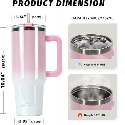 40 oz Tumbler with Handle,Tumbler with Lid and Straw,Double Wall Insulated Cup Stainless Steel Travel Mug(Cold for 34 Hours),Water Bottle for Iced Tea,Coffee,Cold Beverages(Purple)
