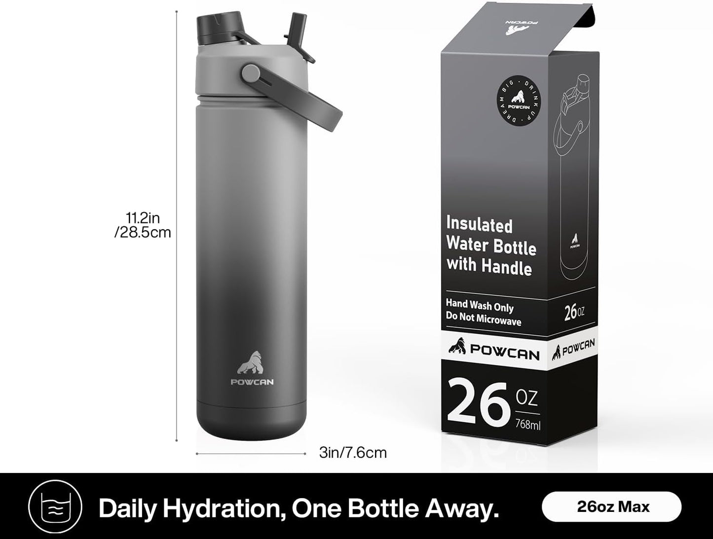 POWCAN 26 oz Insulated Water Bottle with 2-in-1 Straw and Spout Lid, Keep Cold 24H, Leak-Proof, Fits in Car Cup Holder, Stainless Steel Water Bottle for Sports, Travel, and School (Mint)