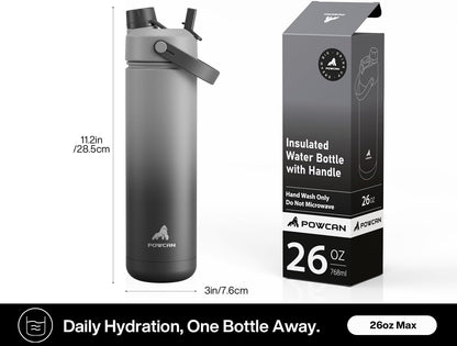 POWCAN 26 oz Insulated Water Bottle with 2-in-1 Straw and Spout Lid, Keep Cold 24H, Leak-Proof, Fits in Car Cup Holder, Stainless Steel Water Bottle for Sports, Travel, and School (Mint)