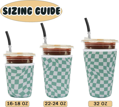 Reusable Insulated Neoprene Iced Coffee Cup Sleeve, Durable Drink Sleeve for Cold Beverages, Beverage Holder for Iced Coffee, Floral Checkers
