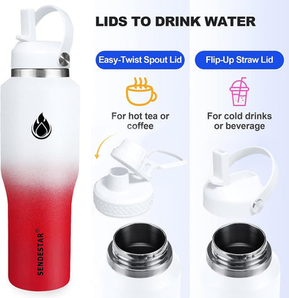 SENDESTAR 40oz Water Bottle Wide Mouth Stainless Steel Vacuum Insulated Double Wall with Straw Lids Fit in Any Car Cup Holder