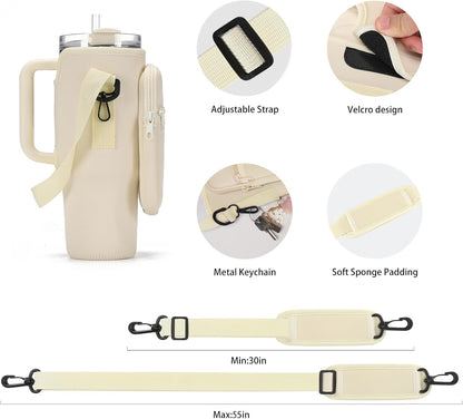GOEWY Water Bottle Carrier Bag for Stanley 40/30 oz Tumbler with Phone Pocket Neoprene Water Bottle Holder with Shoulder & Handheld Strap Stanley Cup Accessories
